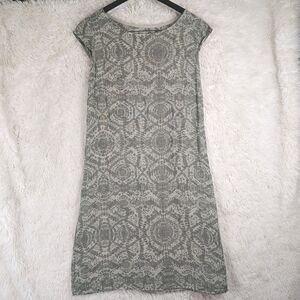 Lina Tomei Tan Dress Size M Linen Tie Dye Sheath Pockets Stretchy Sides Midi